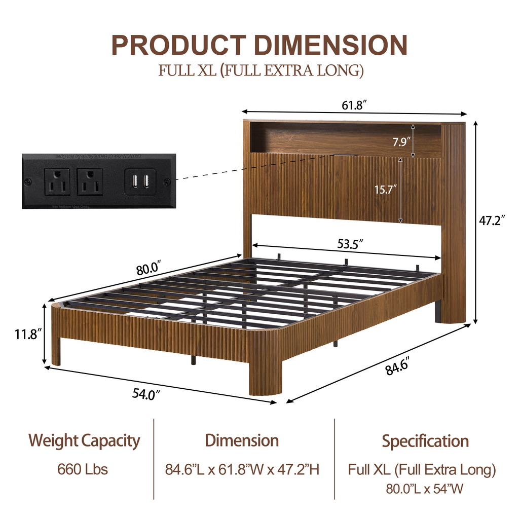 Full Extra Long Size Bed Frame with Storage Headboard