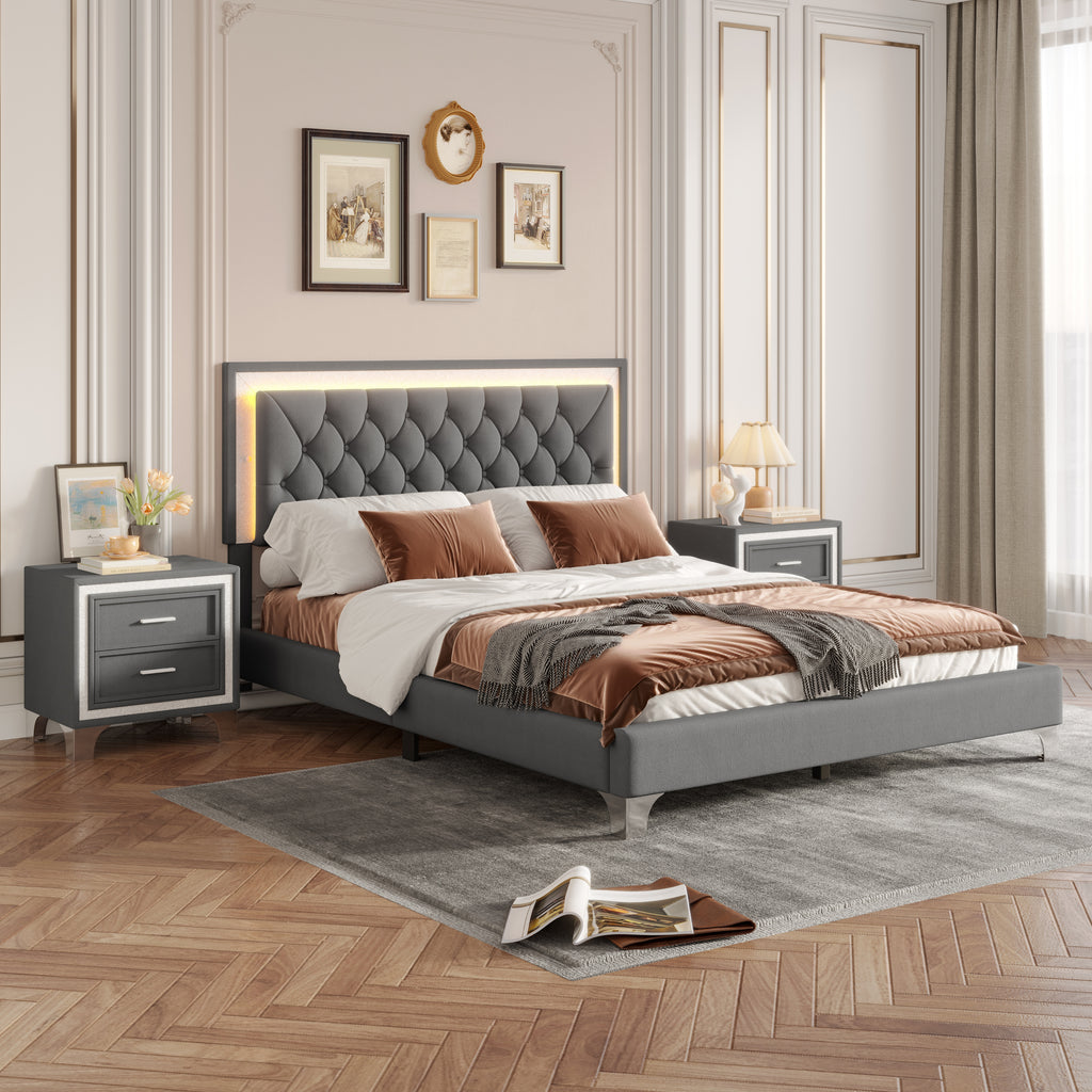 3-Pieces Bedroom Set - Queen Size Upholstered Platform Bed with LED Lights