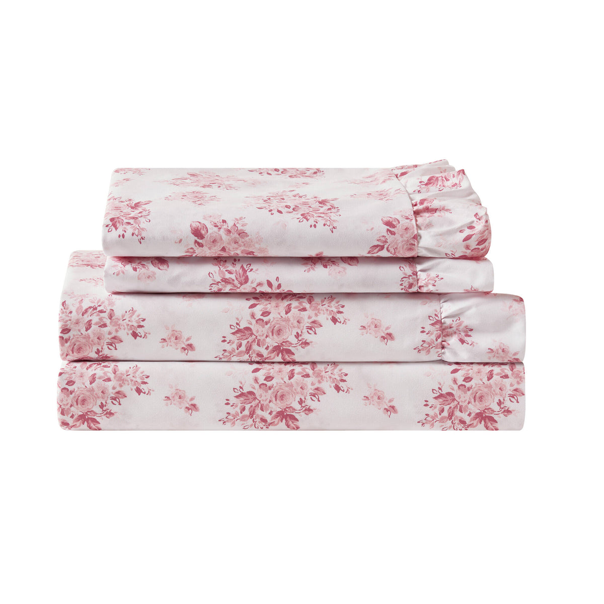 4-Piece Full Microfiber Sheet Set, Pink Floral, Ruffled Hem