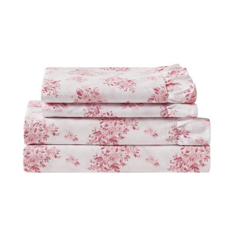 4-Piece Full Microfiber Sheet Set, Pink Floral, Ruffled Hem