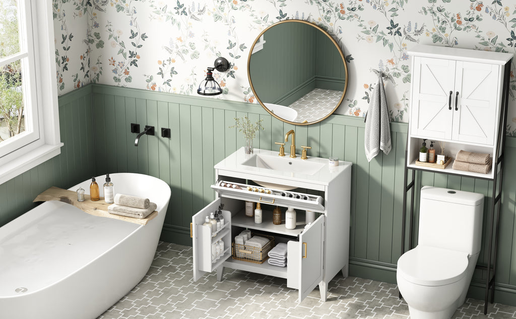 30-Inch Bathroom Vanity with Ceramic Sink, Soft-Close Doors, White