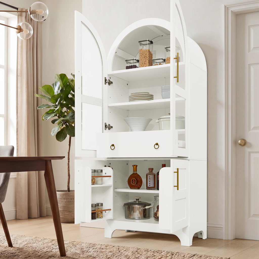 77-Inch Arched Kitchen Cabinet with Glass Doors and Hidden Drawer, White
