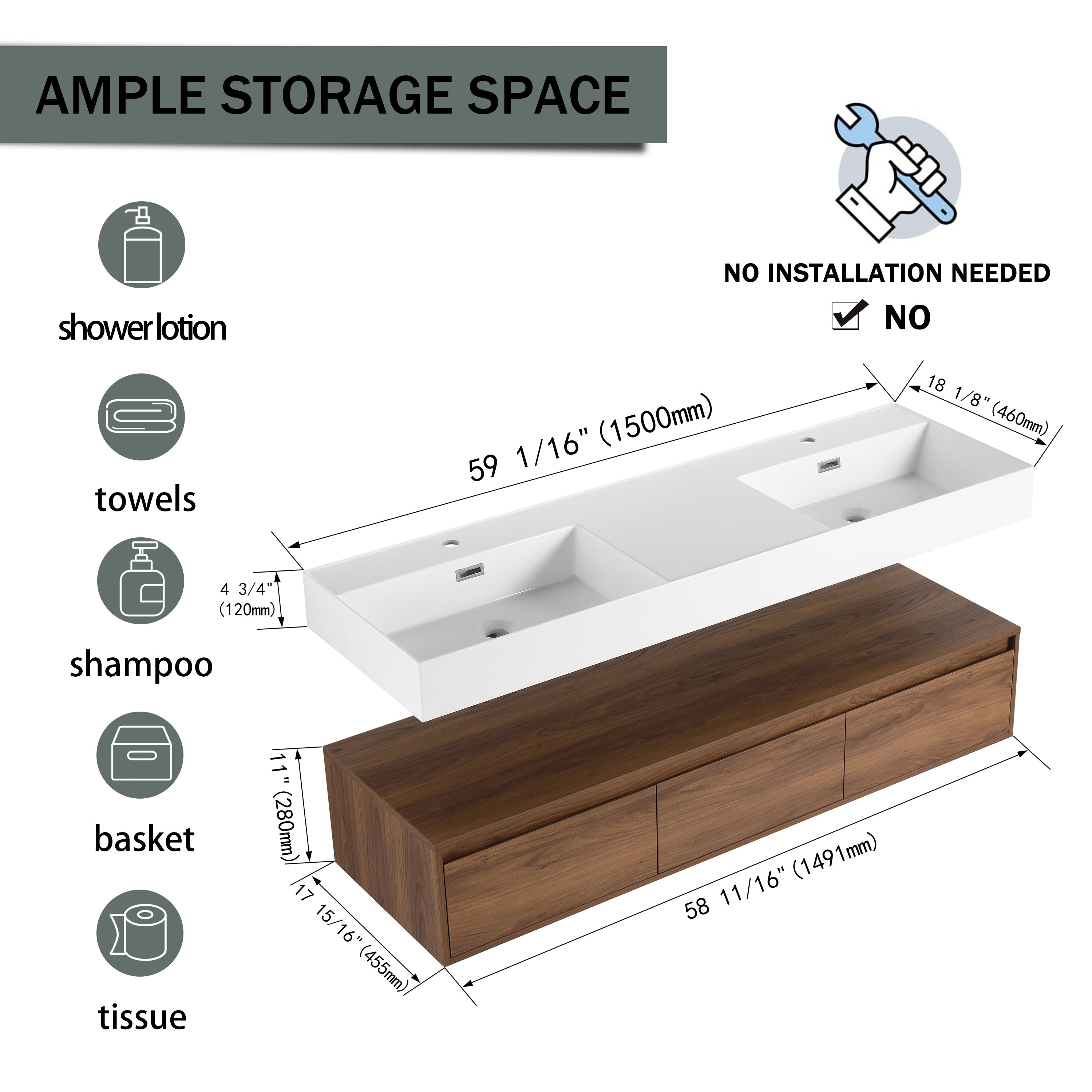 60 Inch Wall-Mounted Bathroom Vanity With Resin Sink