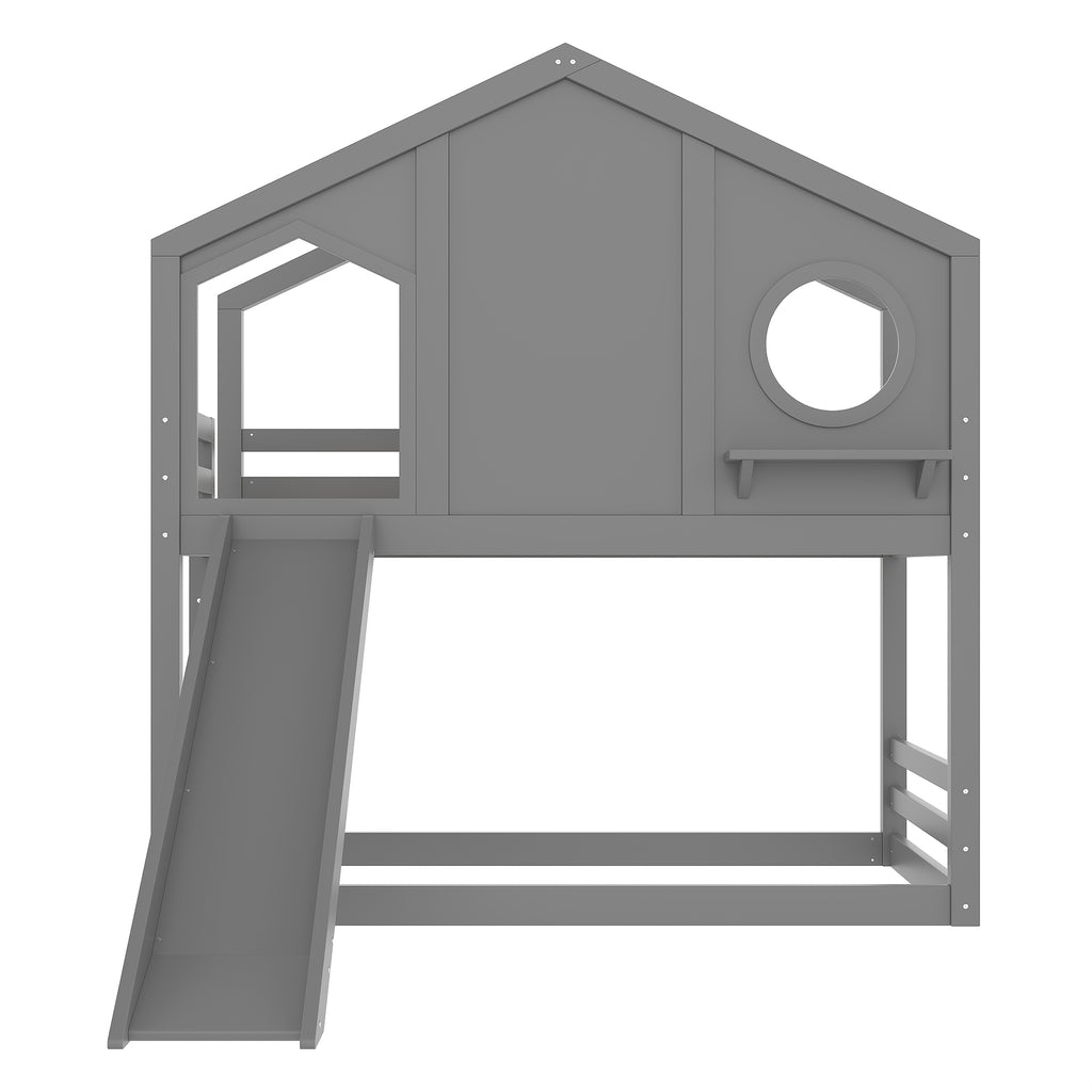 Twin House Bunk Bed with Slide and Storage Shelves