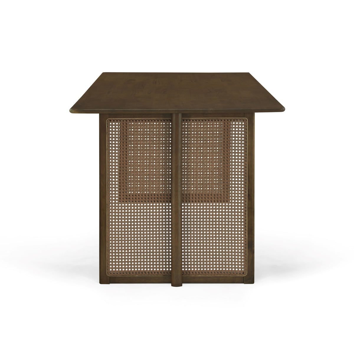 Walnut-Colored Rubber Wood Dining Table with Rattan Accents