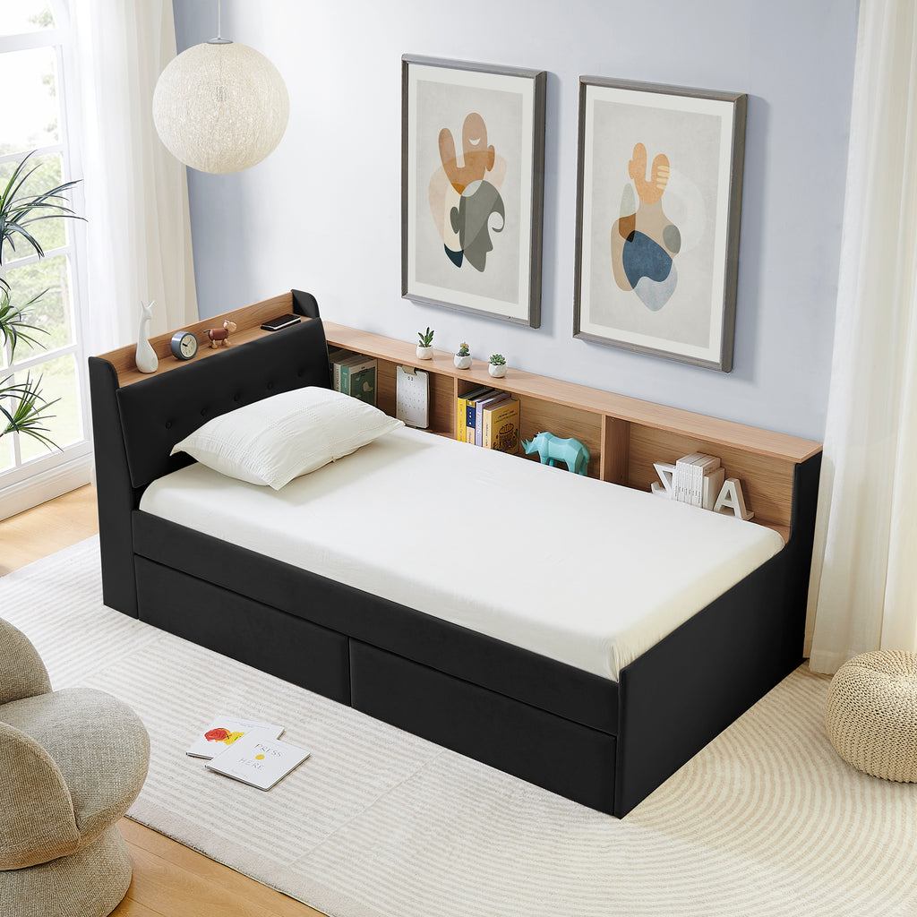Twin Size Upholstery Velvet Day Bed with Storage Headboard