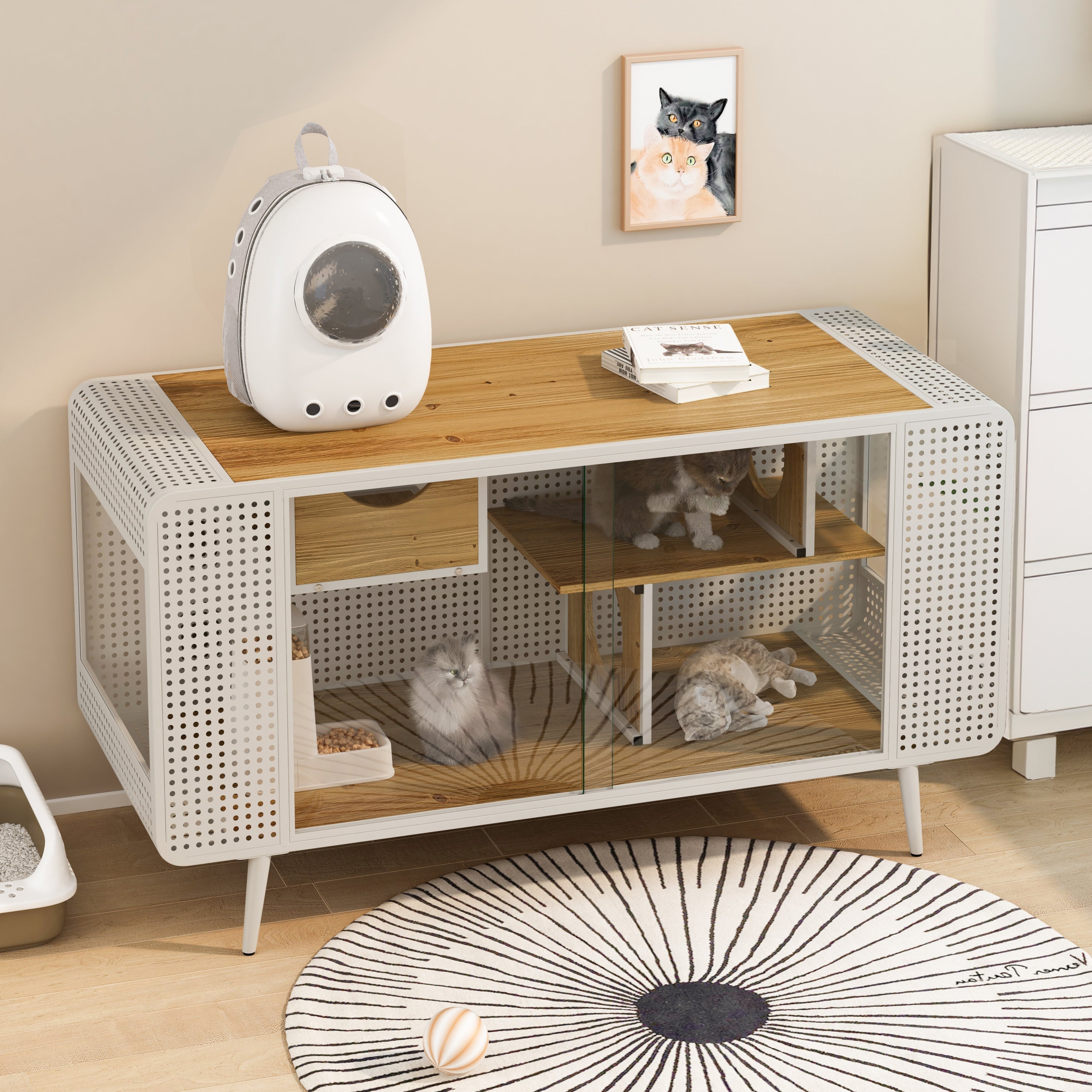 55.12' Spacious Cat House with Tempered Glass (White)