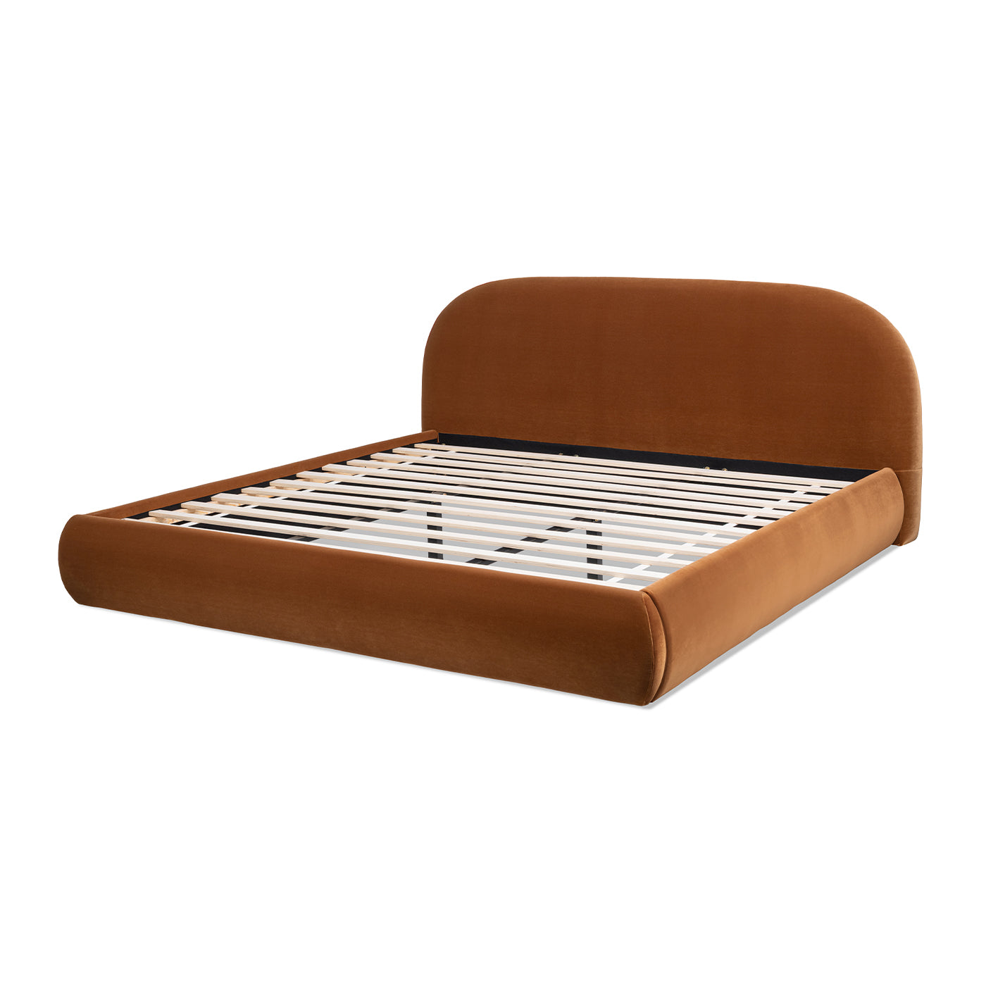 Archie Puffy Grounded Upholstered Platform Bed, King, Burnt
