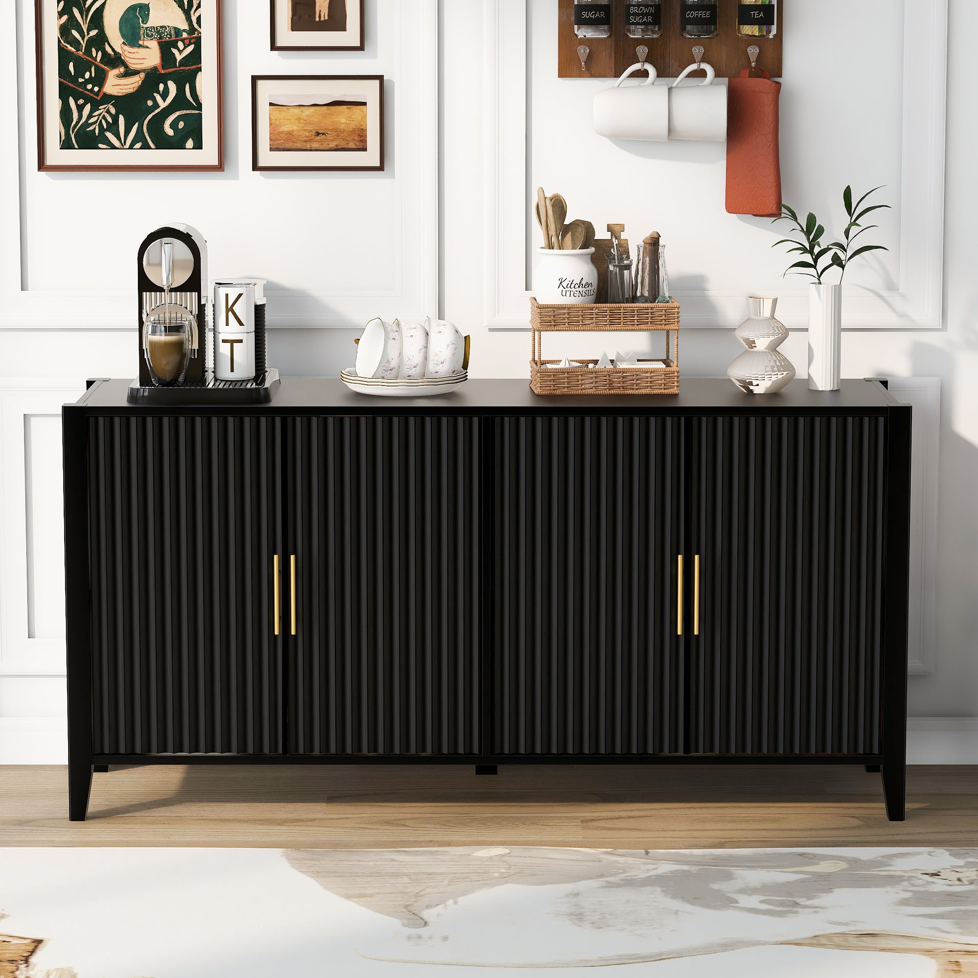U_Style 61.1'' Modern 4-Vertical Wavy Slatted Doors Sideboard