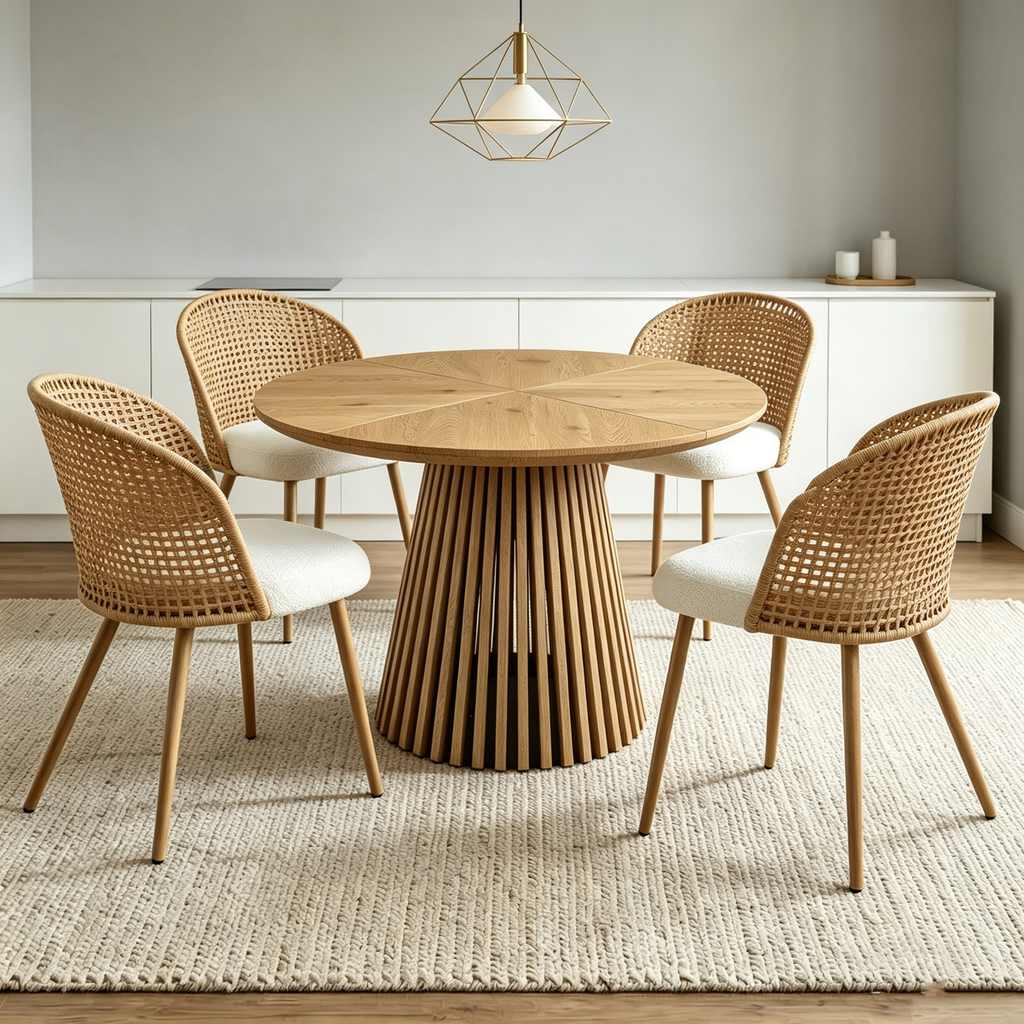 Round Wooden Dining Table + 4 Chairs