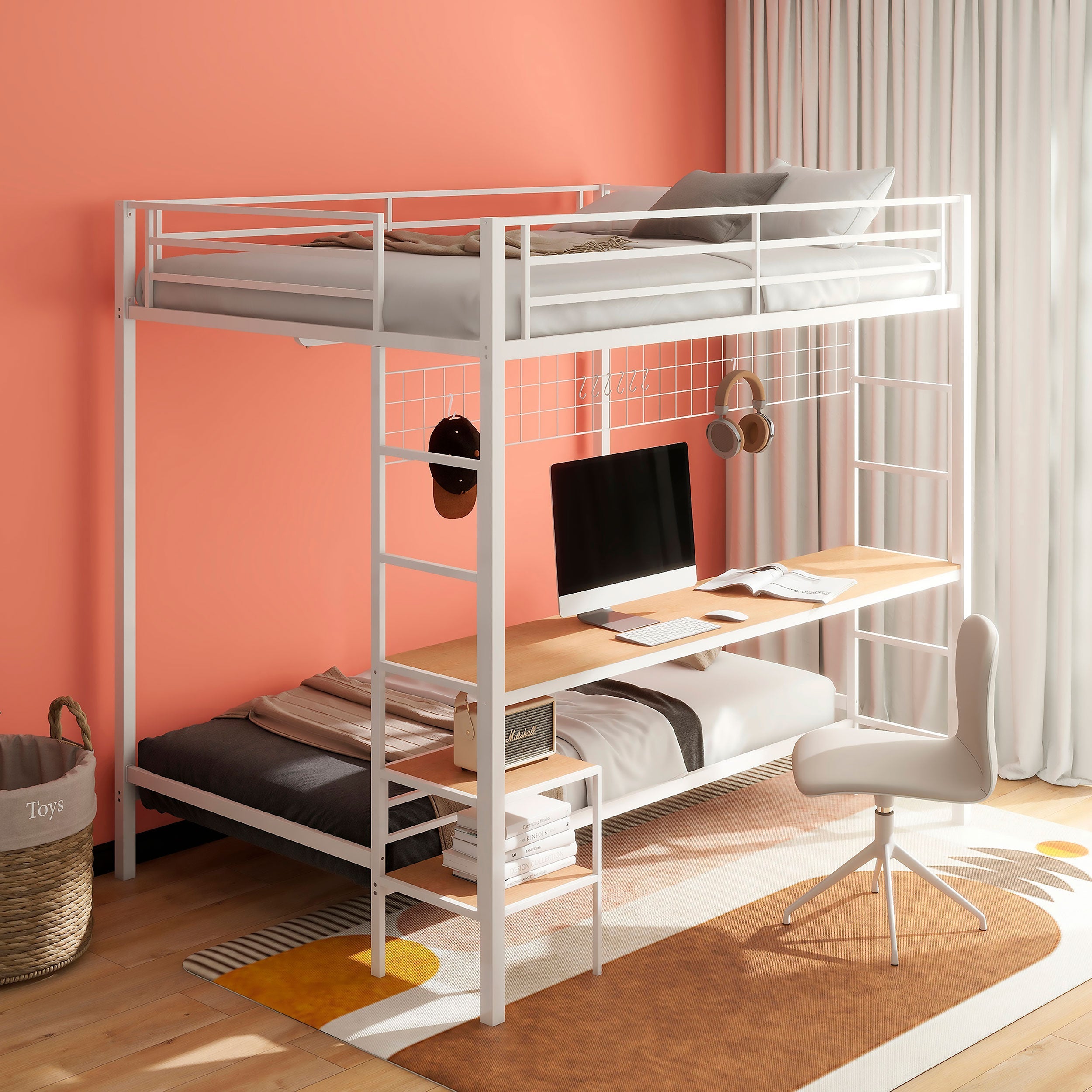 Bettoni Metal Full Over Twin Workstation Bunk Bed Matte White-