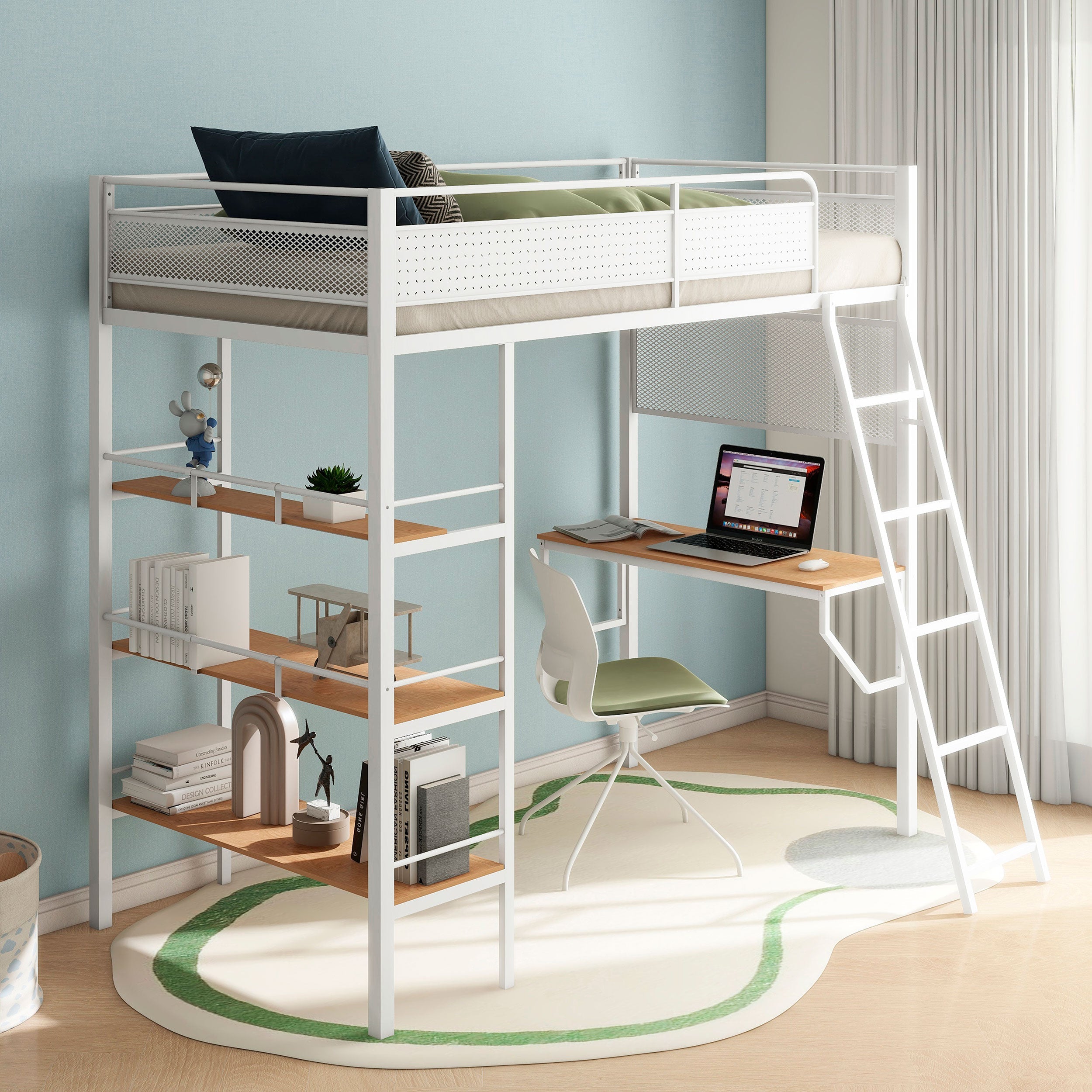 Campus 3-shelf Metal Twin Workstation Loft Bed Matte White-