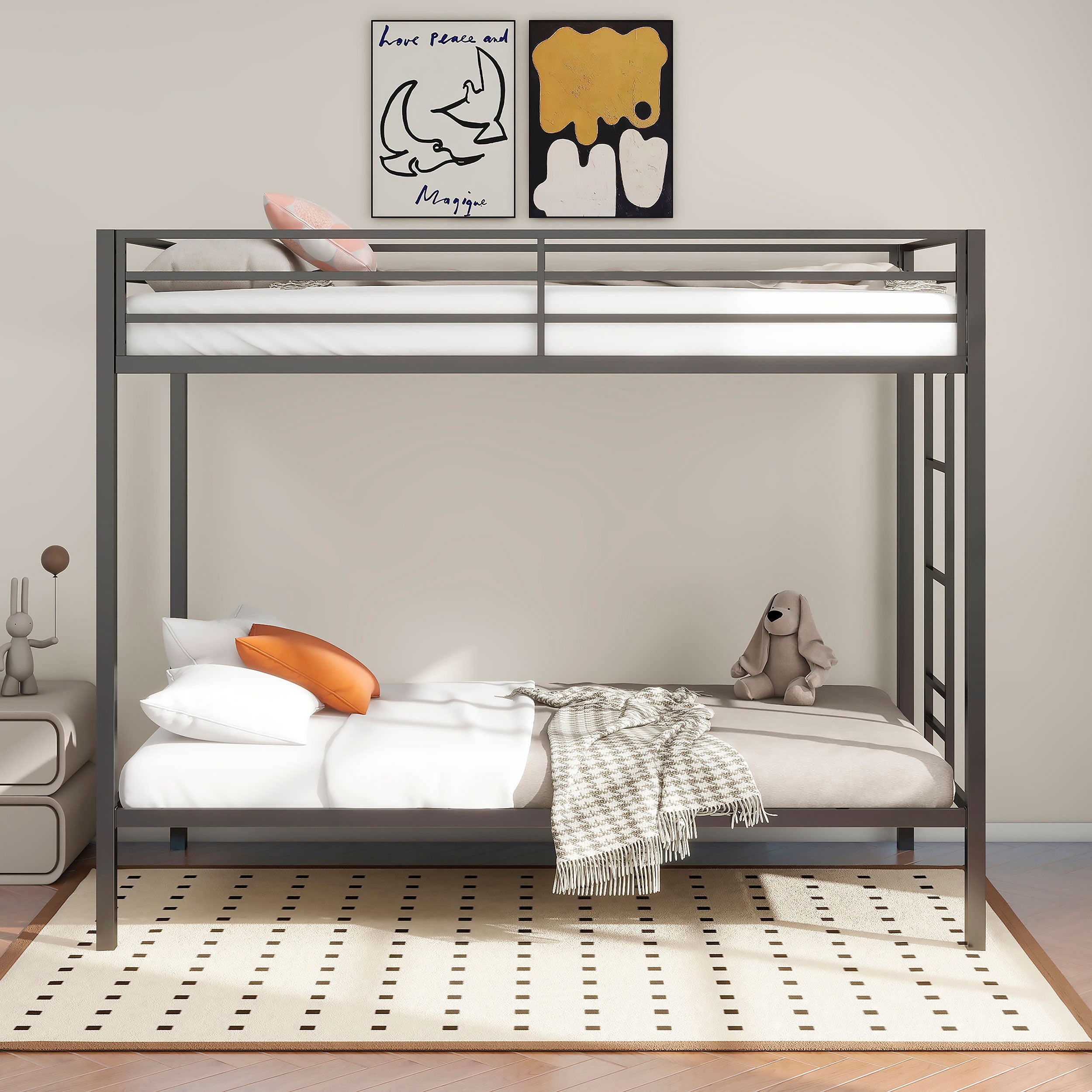 Alevera Metal Twin Over Twin Bunk Bed with Ladder Black-