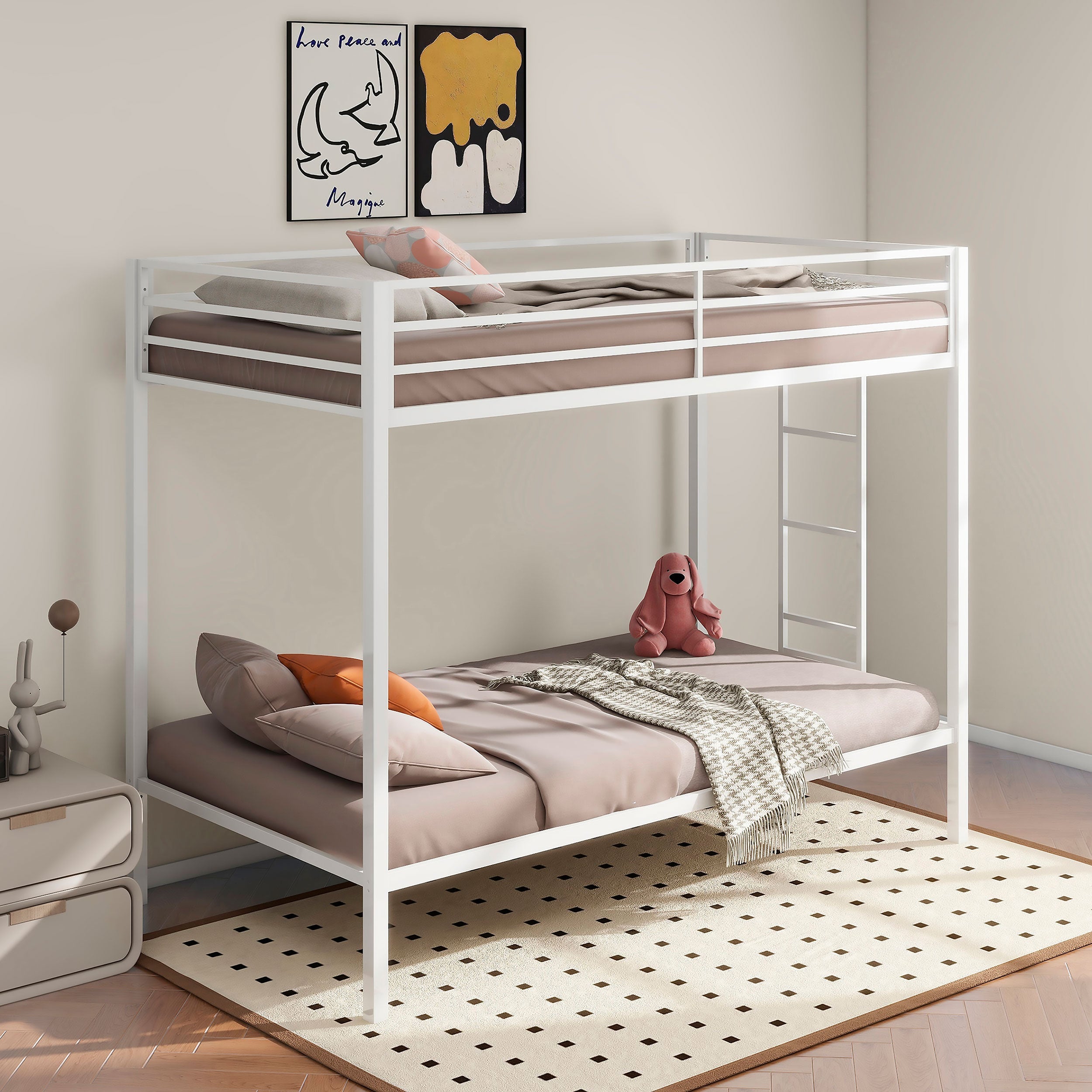 Alevera Metal Twin Over Twin Bunk Bed with Ladder White-