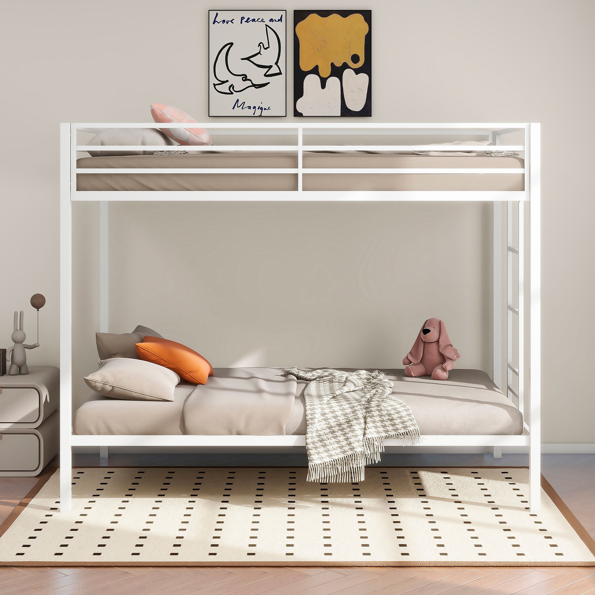 Alevera Metal Twin Over Twin Bunk Bed with Ladder White-