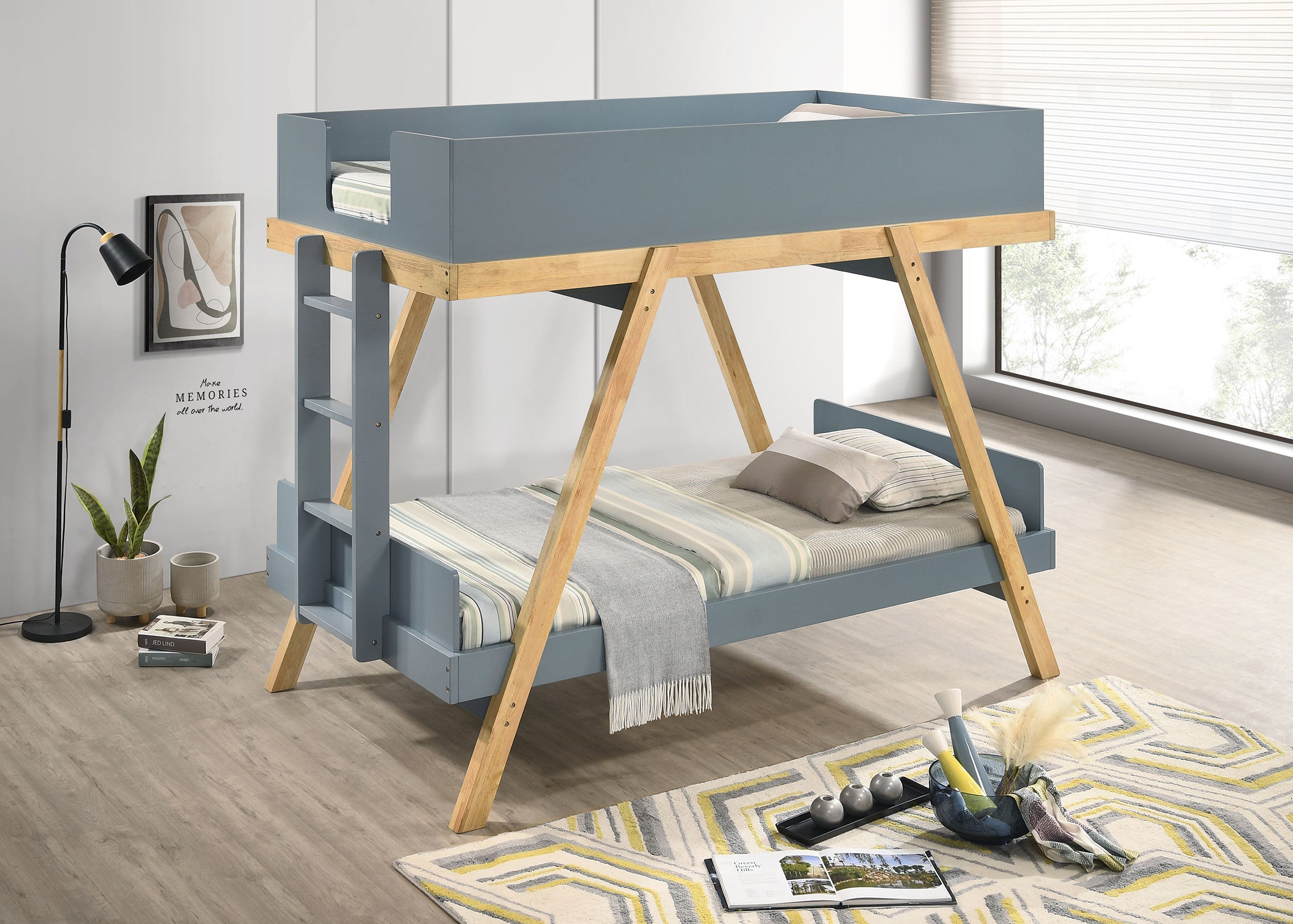 Frankie Wood Twin Over Twin Bunk Bed Blue and Natural-