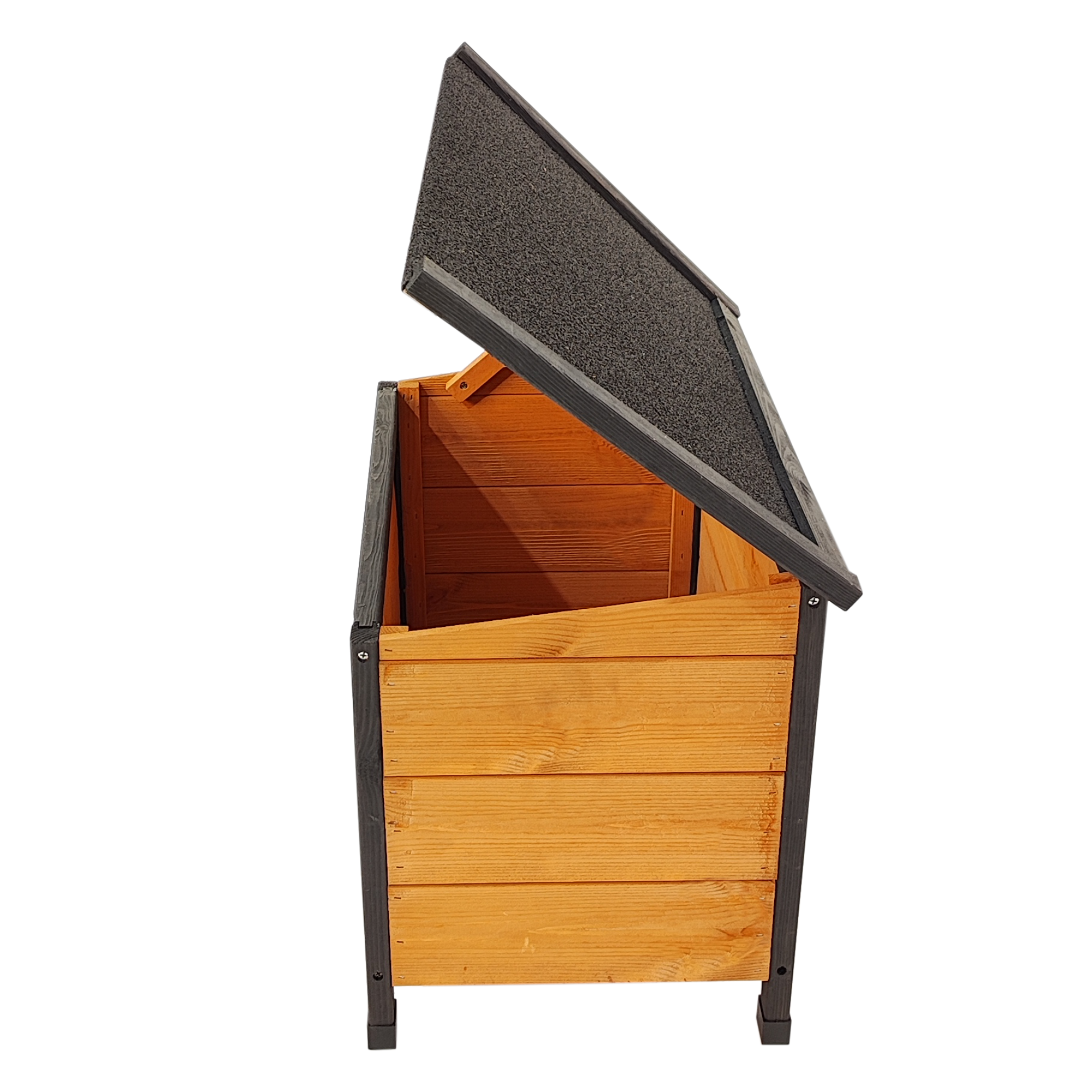 Wearable and Strong Wooden Dog House with Metal Bowls and Toy Box