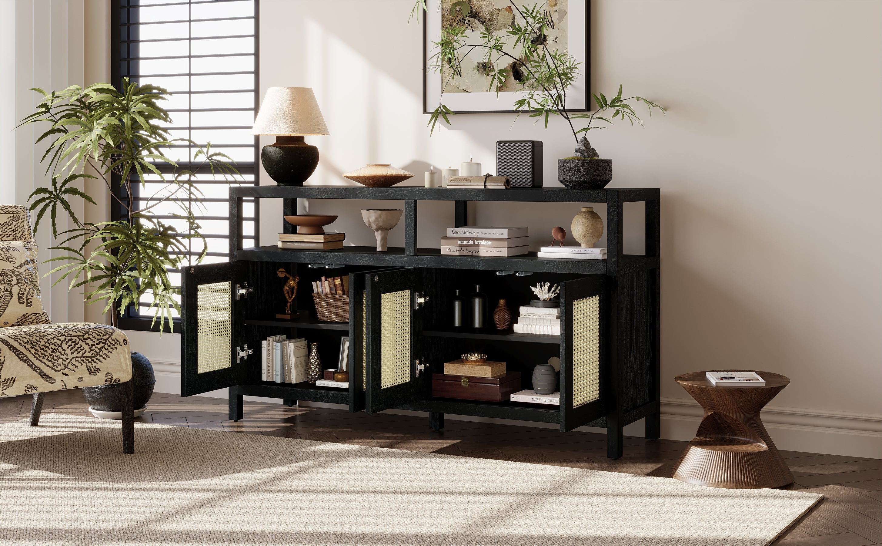 TREXM Bohemian Style Rattan Buffet Storage Cabinet with Solid Wood Frame