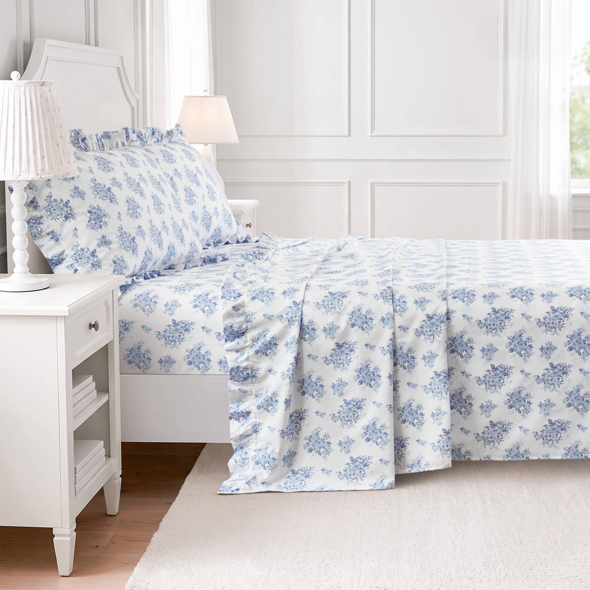 4-Piece King Microfiber Sheet Set, Blue Floral, Ruffled Hem
