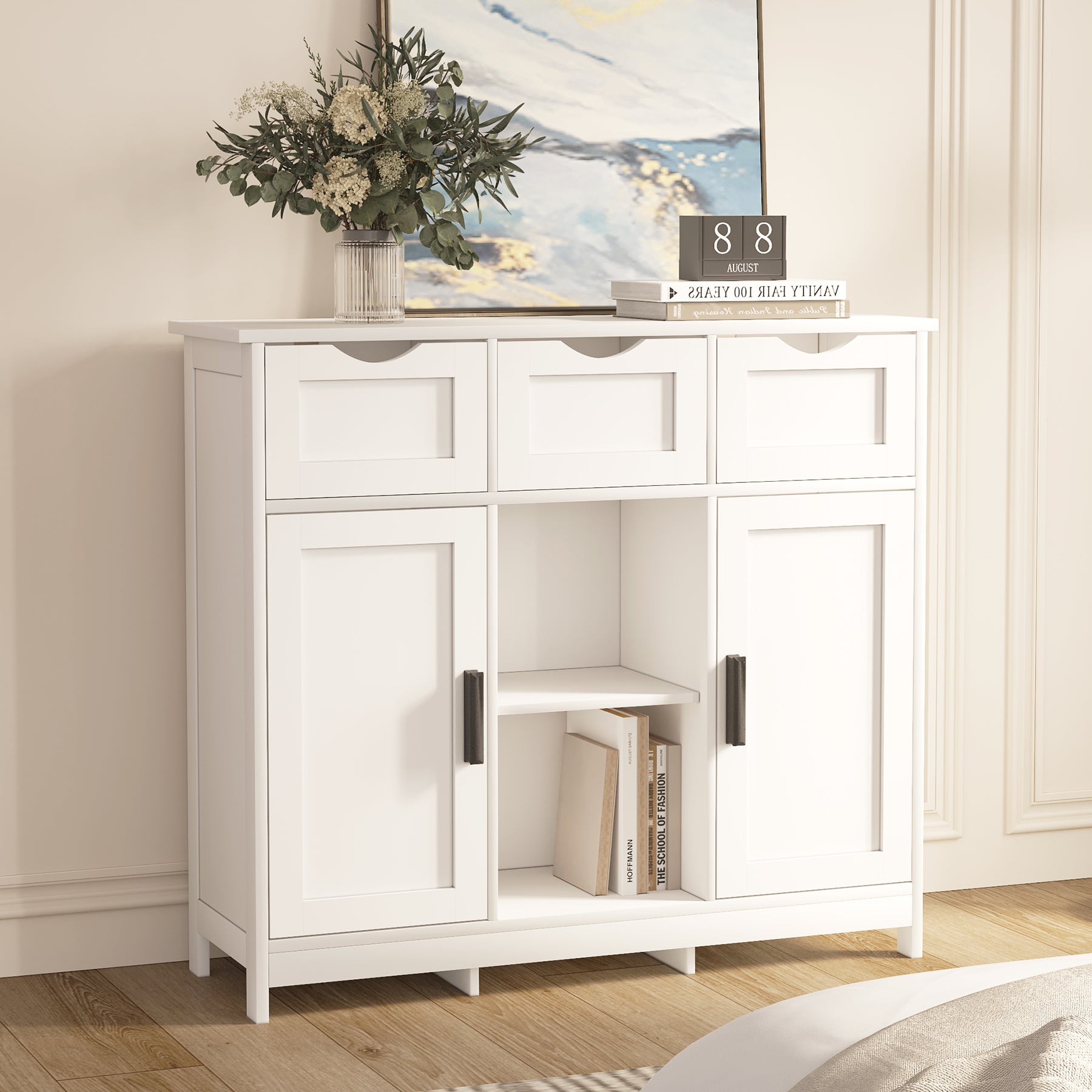 Wooden Floor Cabinet with Drawers and Shelves