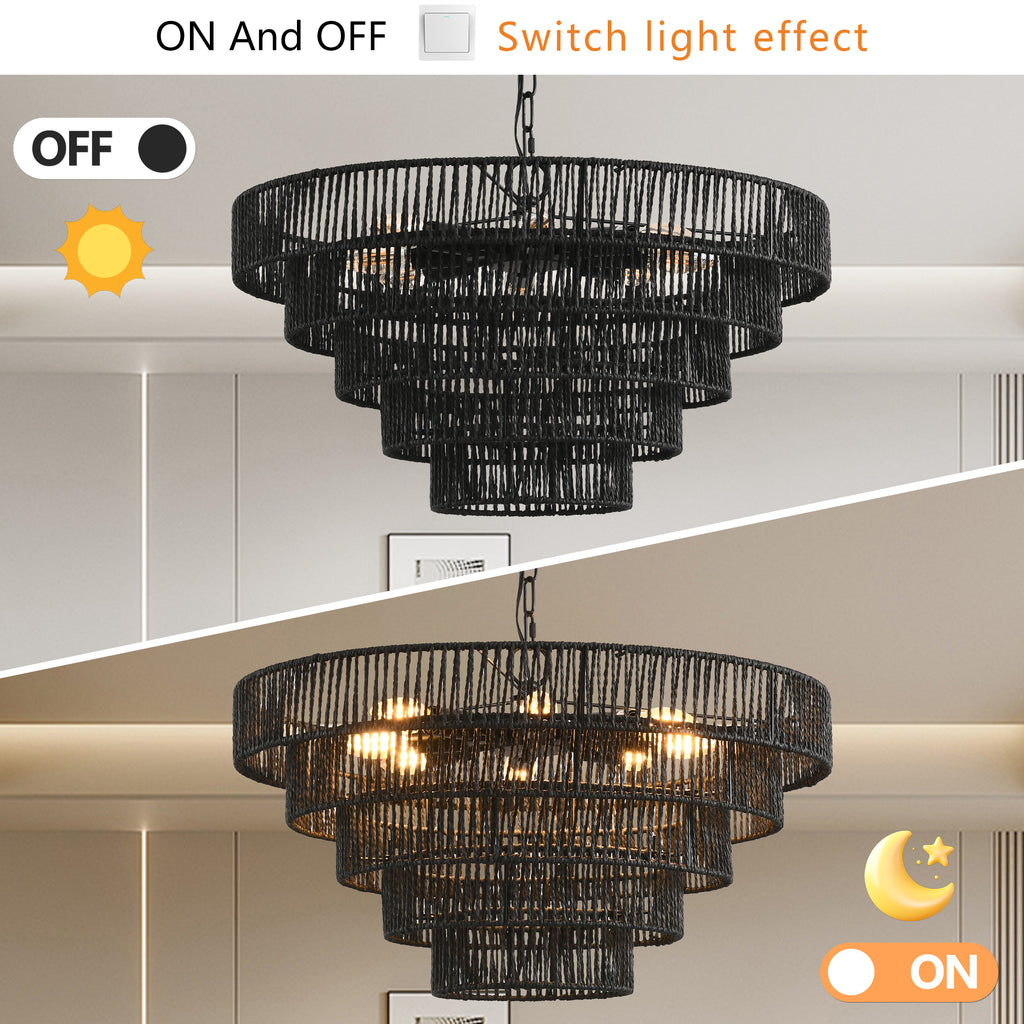 24" Rustic 5-Tier Black Pendant Light Chandelier