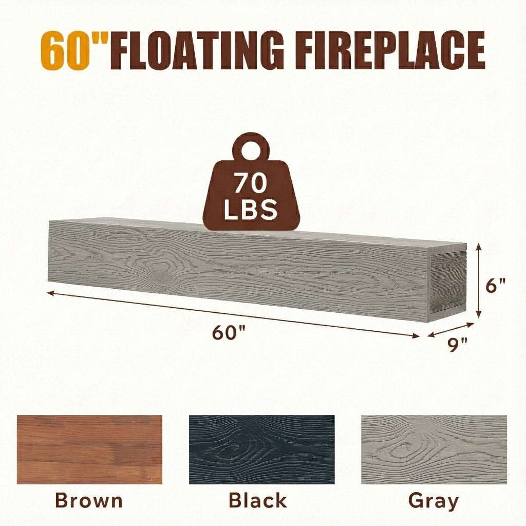 60-Inch Rustic Embossed Wood Fireplace Mantel, Wall-Mounted Floating Shelf, Gray