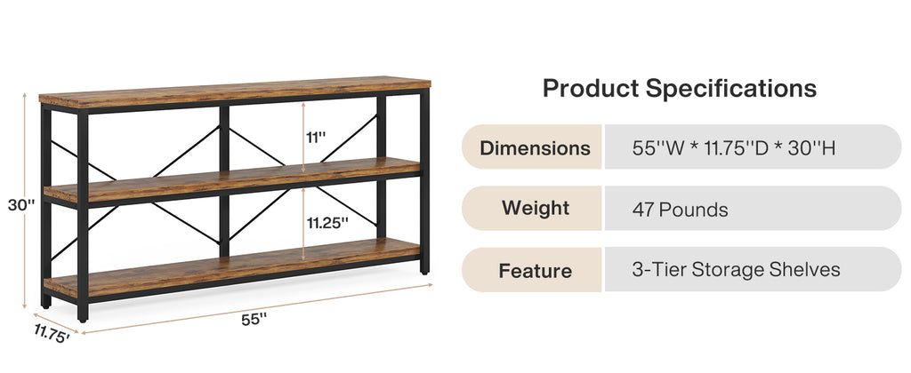 55” Industrial Console Table with Storage Shelves – Rustic