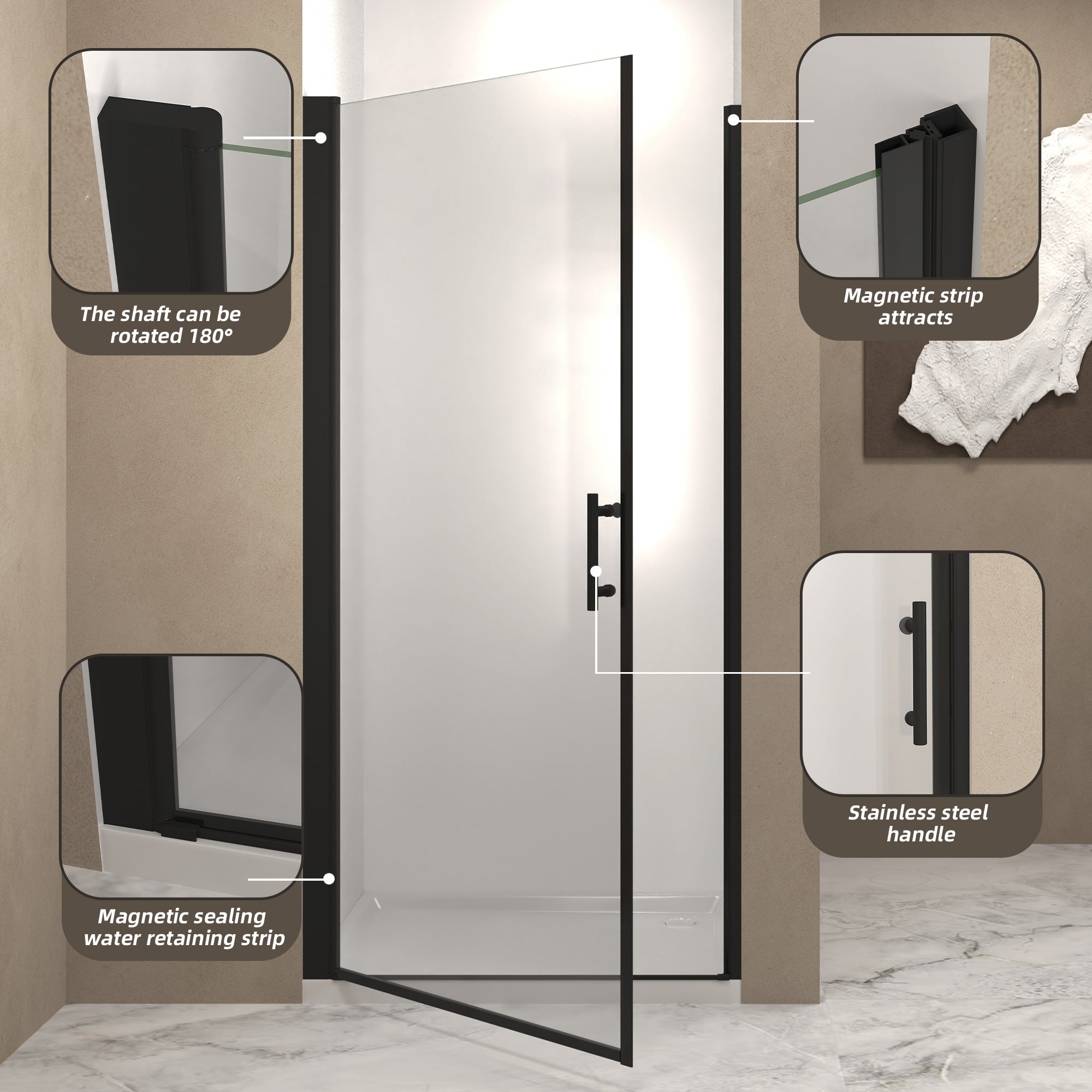 34"x 72" Pivot Shower Door, Matte