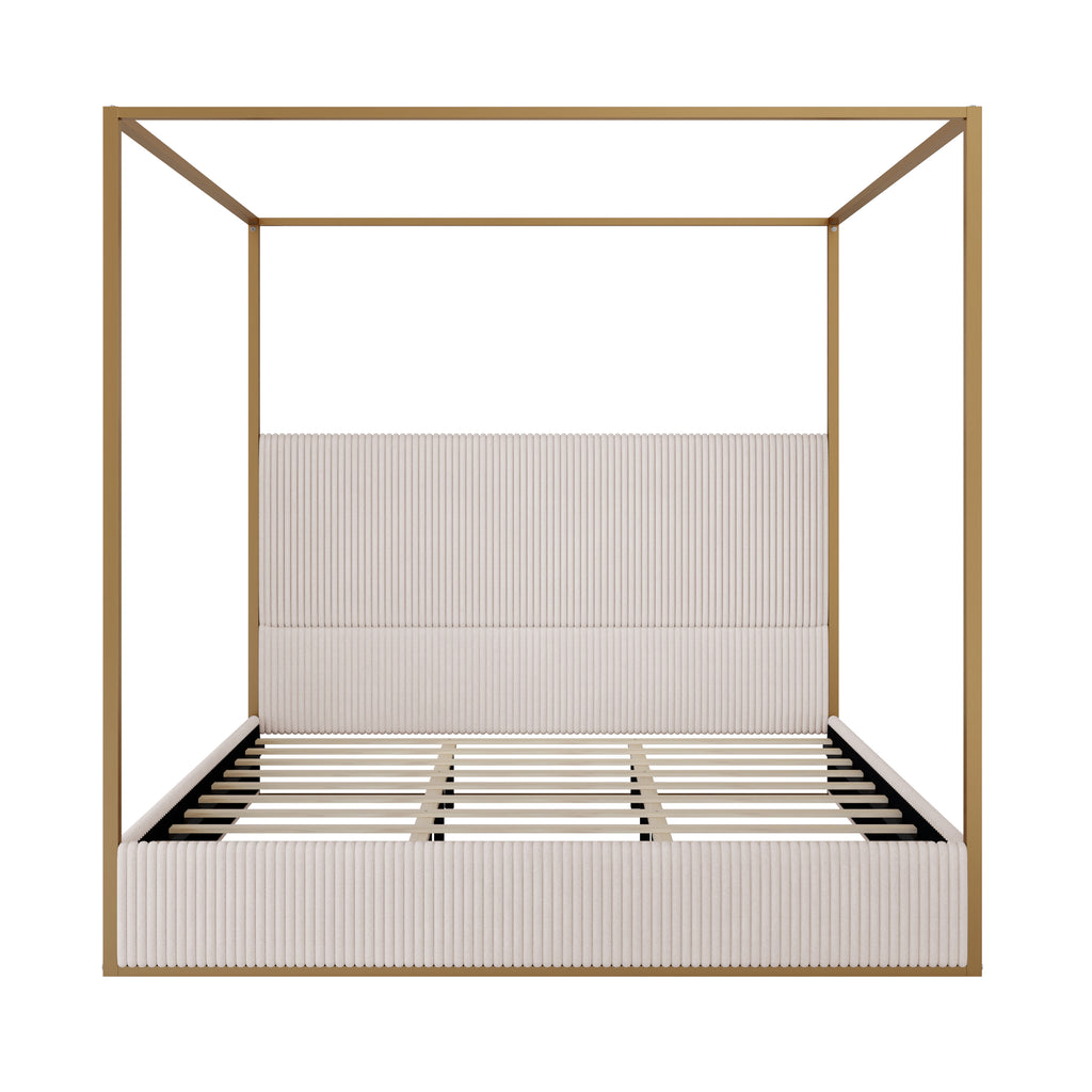 Modern Luxury Metal Canopy Bed with Tall Corduroy Upholstered Headboard