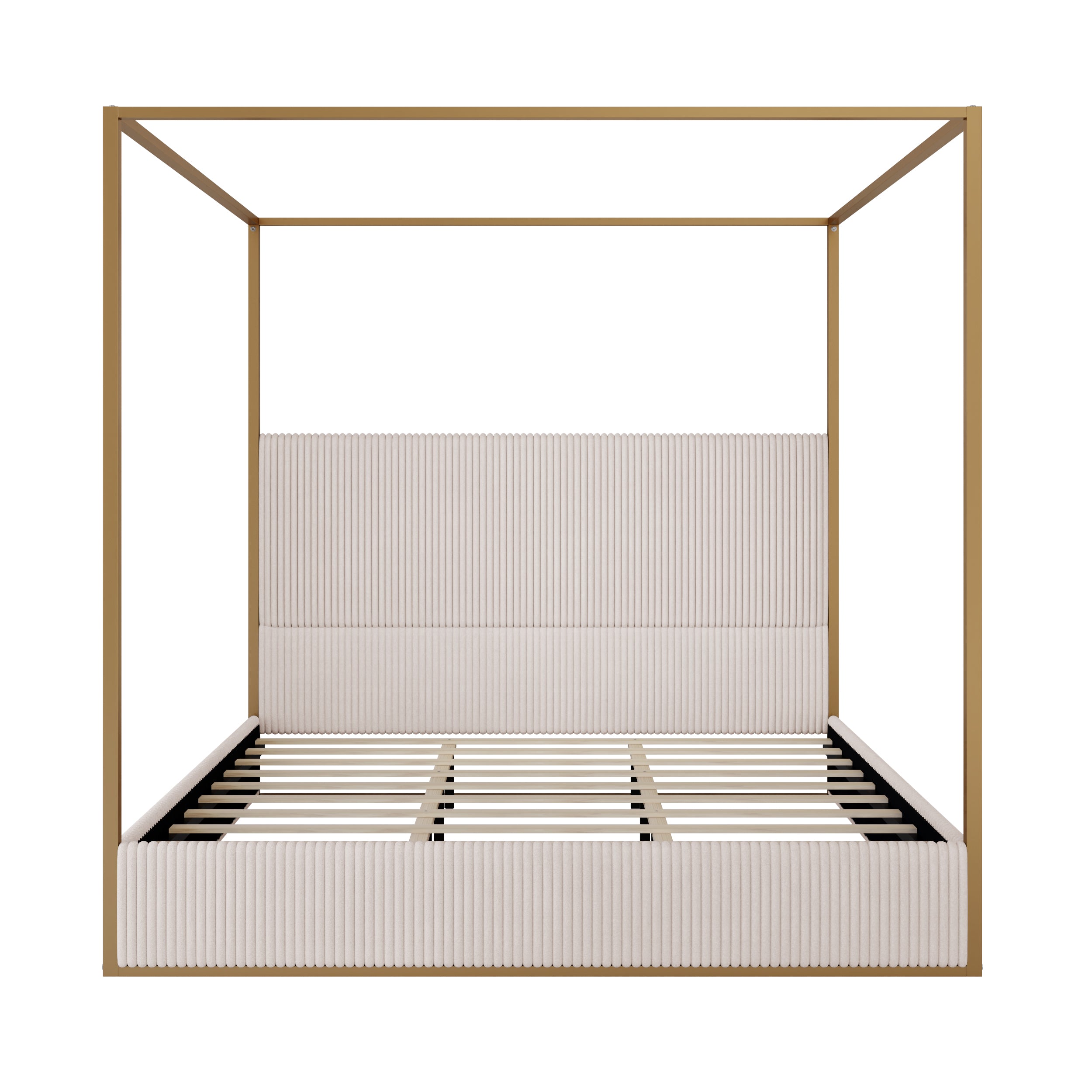 Modern Luxury Metal Canopy Bed with Tall Corduroy Upholstered Headboard