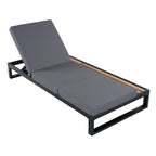 Black Iron & Teak Finish Chaise Lounge Set: 1 Frame + 1 3-Fold Dark Cushion