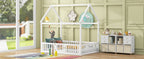 Full Size Wood House Bed with Fence and Door