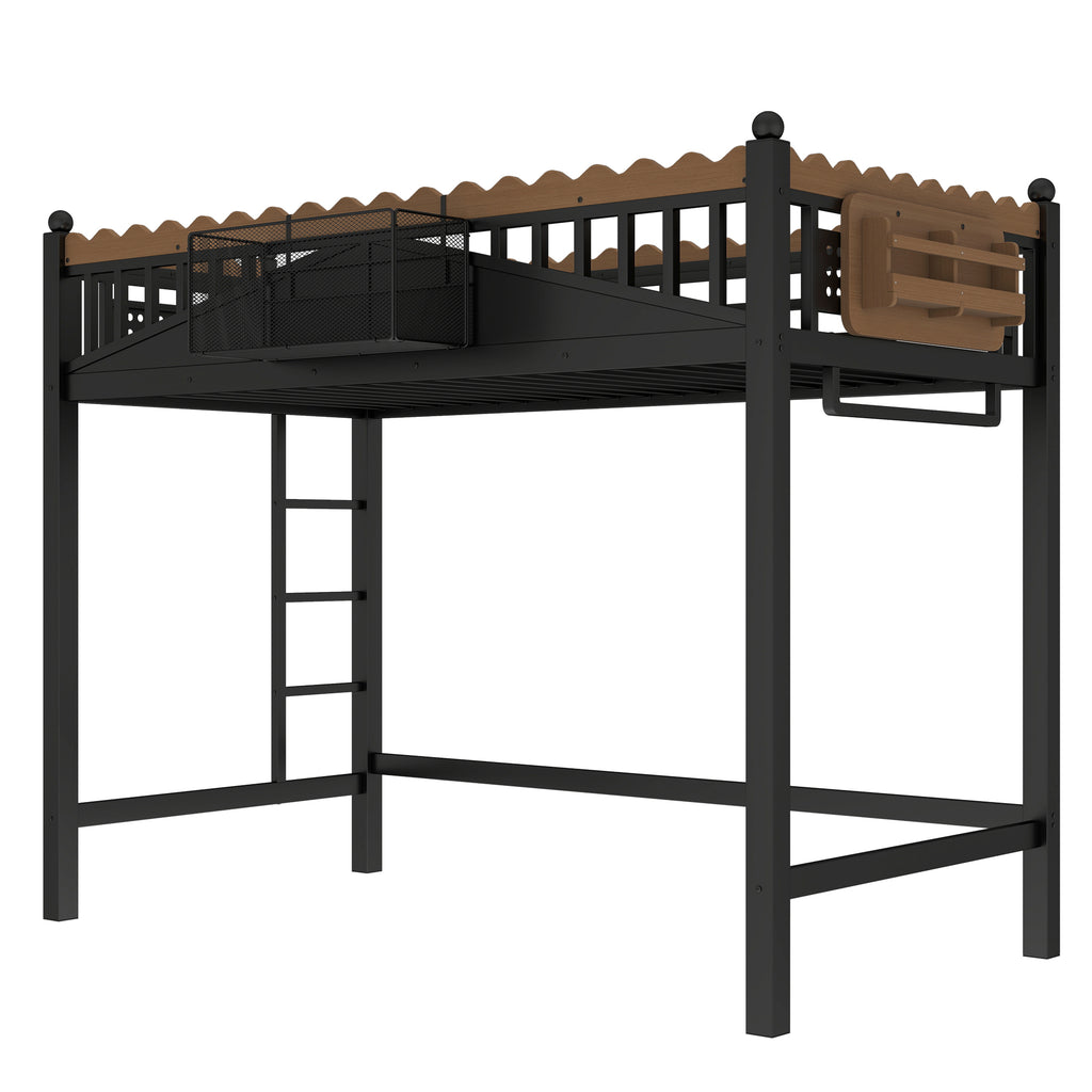 Twin XL Size Loft Bed with Ladders, Storage Shelves, and Bookshelf