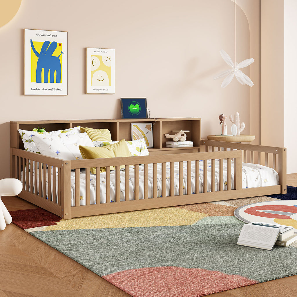 Wood Twin XL Size Floor Bed with Storage Cabinets and USB Ports