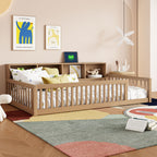 Wood Twin XL Size Floor Bed with Storage Cabinets and USB Ports
