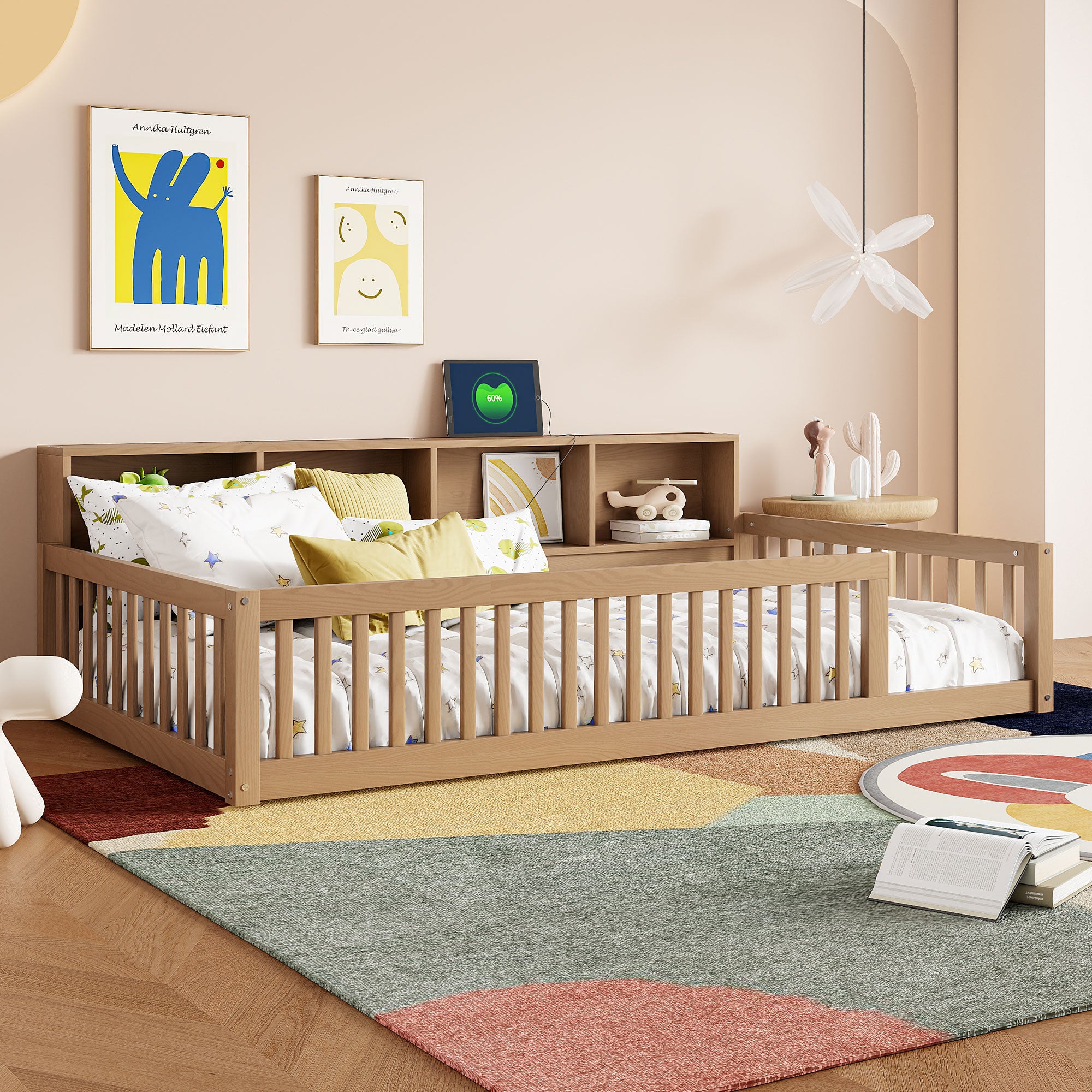 Wood Twin XL Size Floor Bed with Storage Cabinets and USB Ports