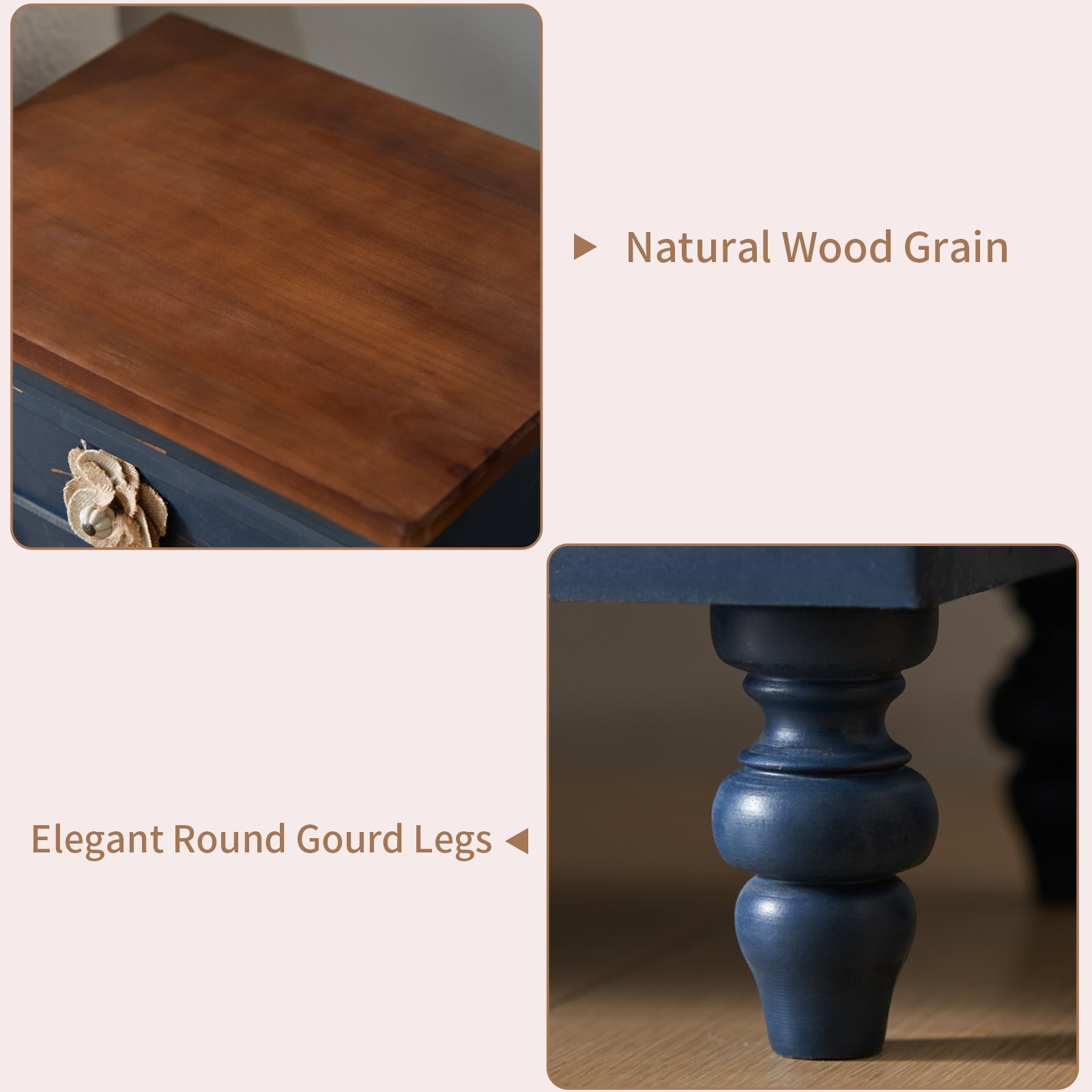 Rustic Dark Blue 3-Drawer Wooden Cabinet with Aged Finish & Floral Handles