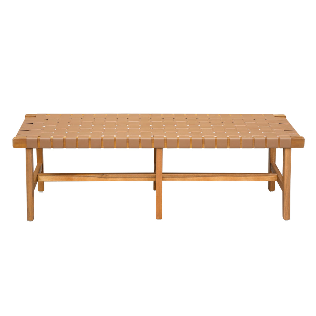 Stylish Acacia Wood Bedroom Bench with Woven PU Leather Seat