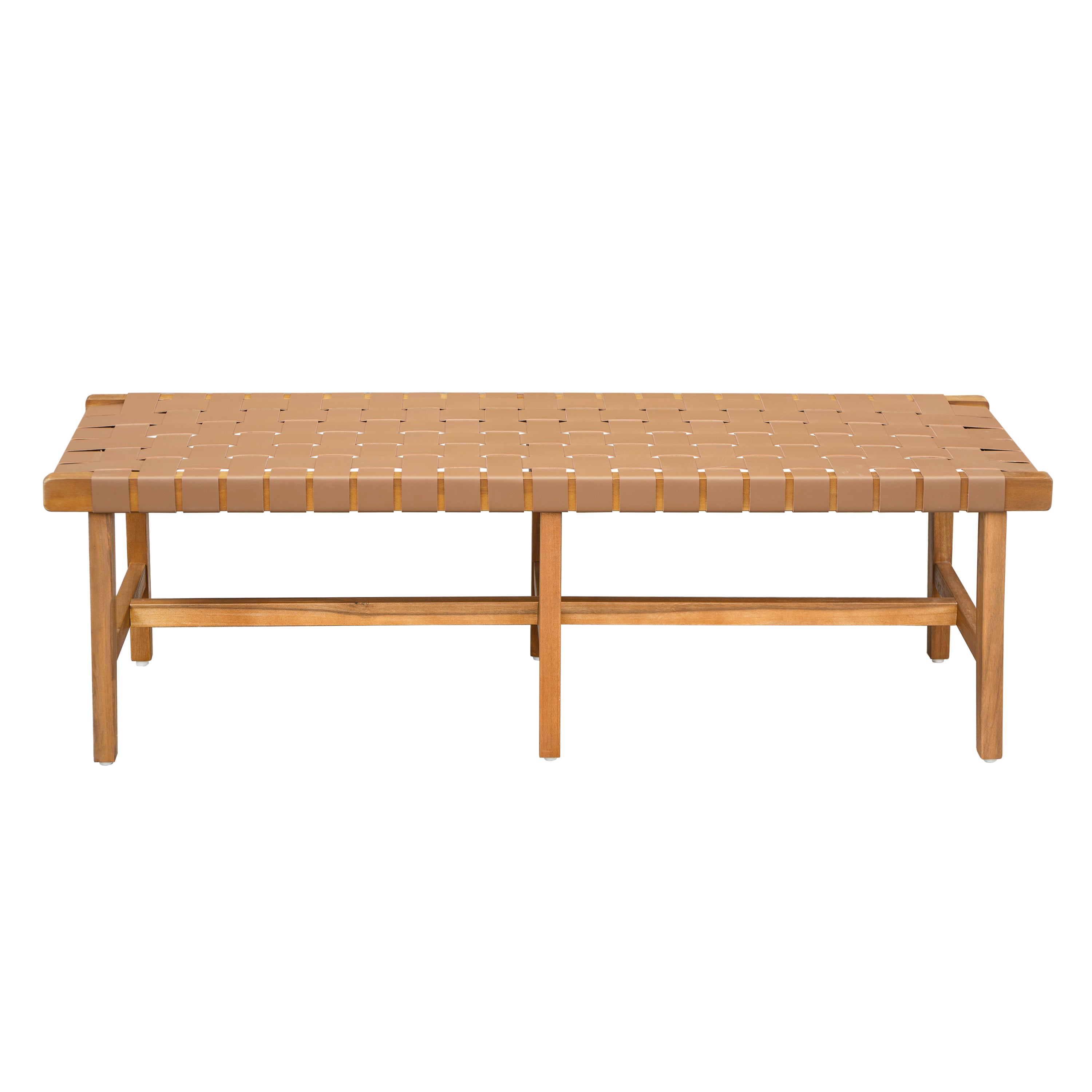 Stylish Acacia Wood Bedroom Bench with Woven PU Leather Seat