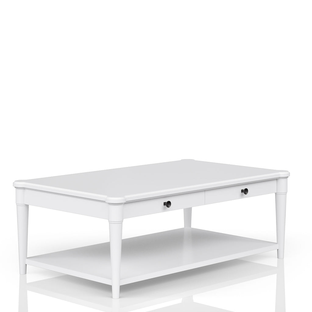 White Finished Cocktail Table With Two Storage Drawers and Casters