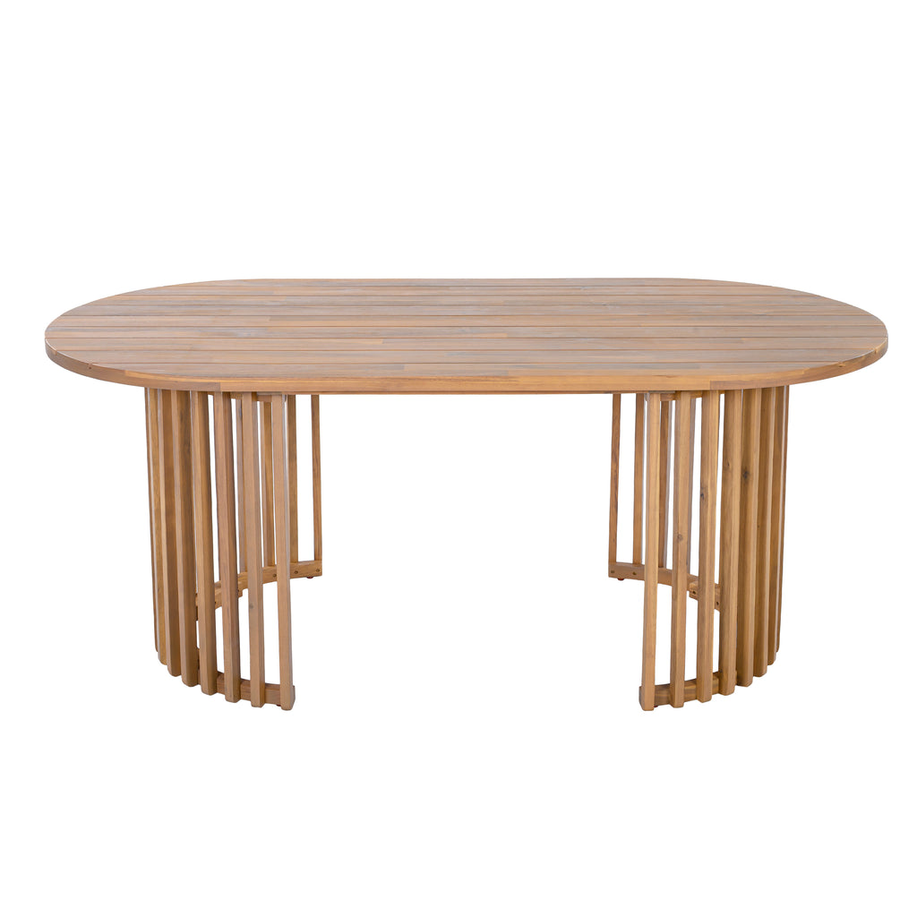 Light Teak Acacia Wood Oval Outdoor Dining Table, Vertical Slatted Legs