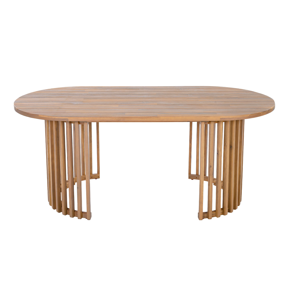 Light Teak Acacia Wood Oval Outdoor Dining Table, Vertical Slatted Legs
