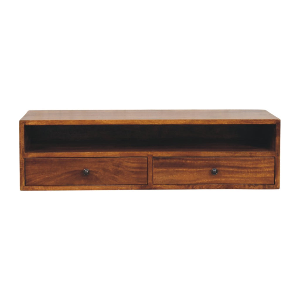 Solid Wood Lunar Wall-Mounted Media Unit, 2 Drawers, Chestnut