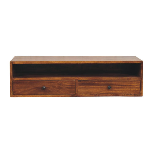 Solid Wood Lunar Wall-Mounted Media Unit, 2 Drawers, Chestnut
