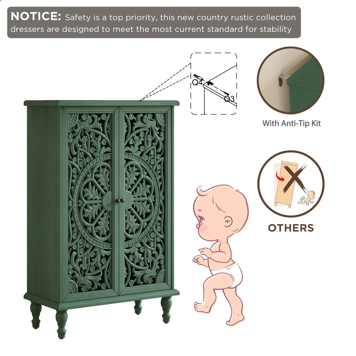 Tall Accent Cabinet with Carved Double Doors, Antique Green, 47-Inch