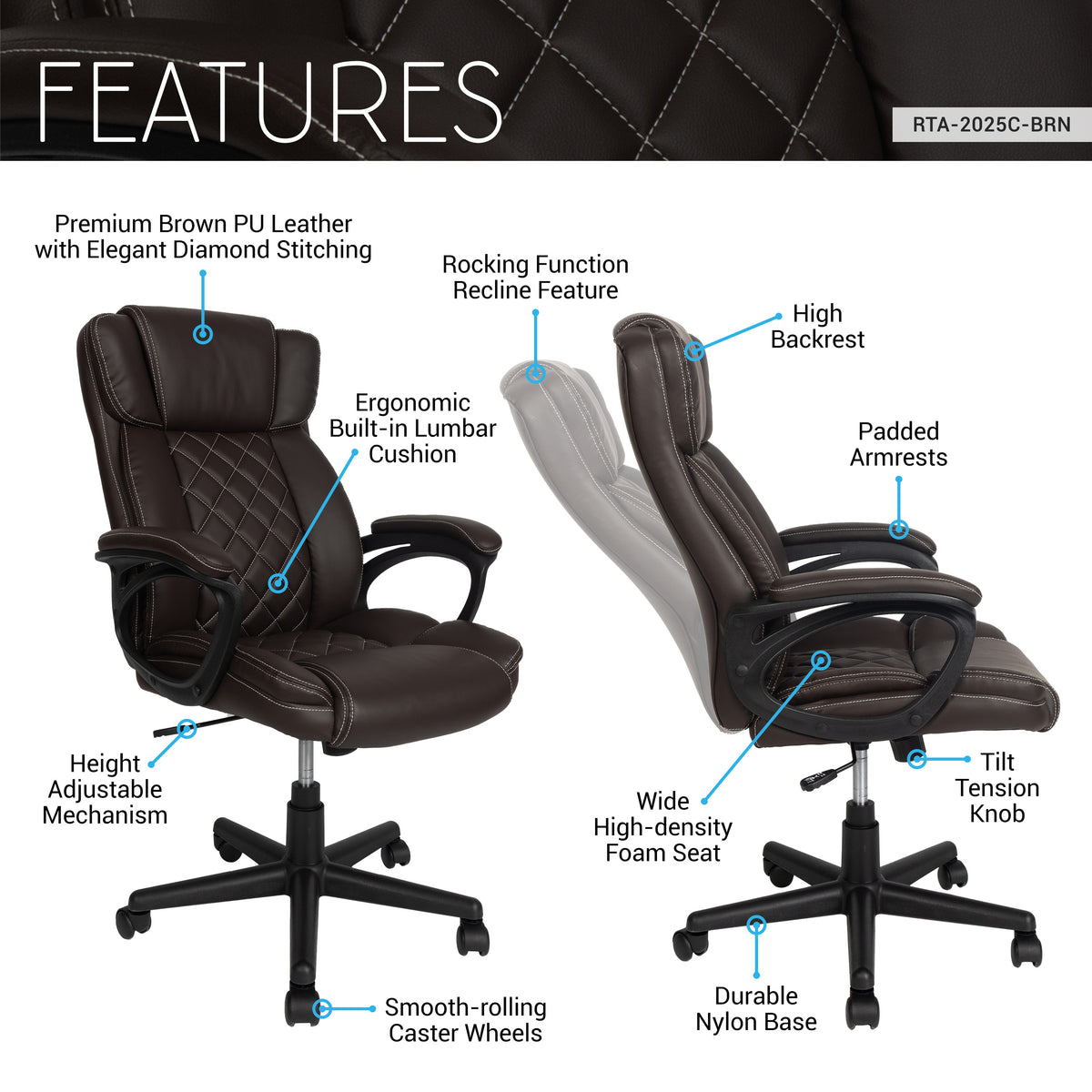 Techni Mobili Ergonomic Executive Office Chair High Back, Brown