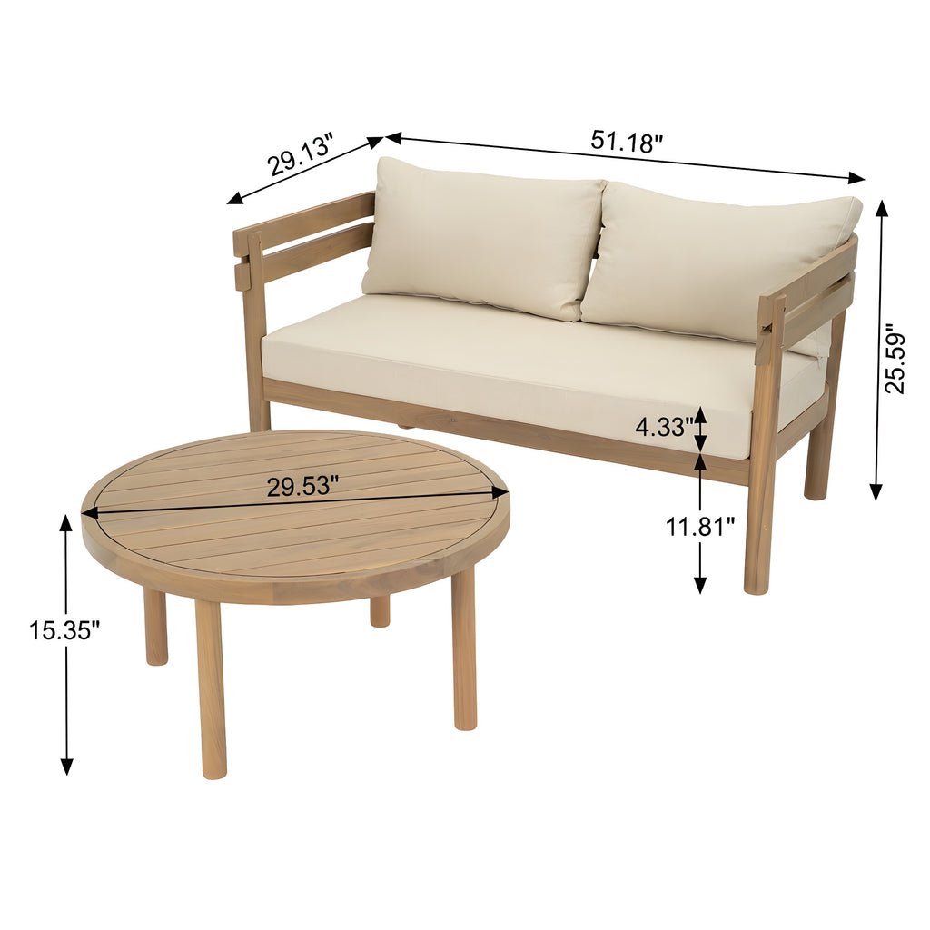 2-Piece Outdoor Acacia Wood Patio Loveseat Conversation Set, Light Brown