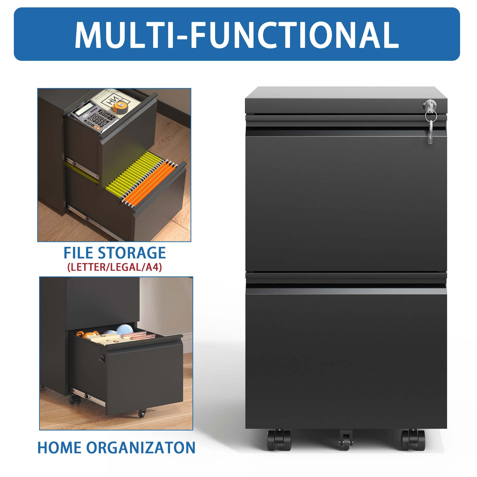 2 Drawer Metal Mobile File Cabinet, Rolling File Cabinet with Lock