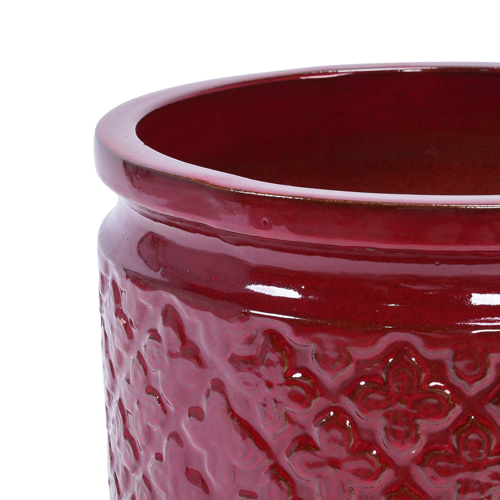 Handmade Ceramic Planter Set of 3 in Burgundy Diamond-Pattern