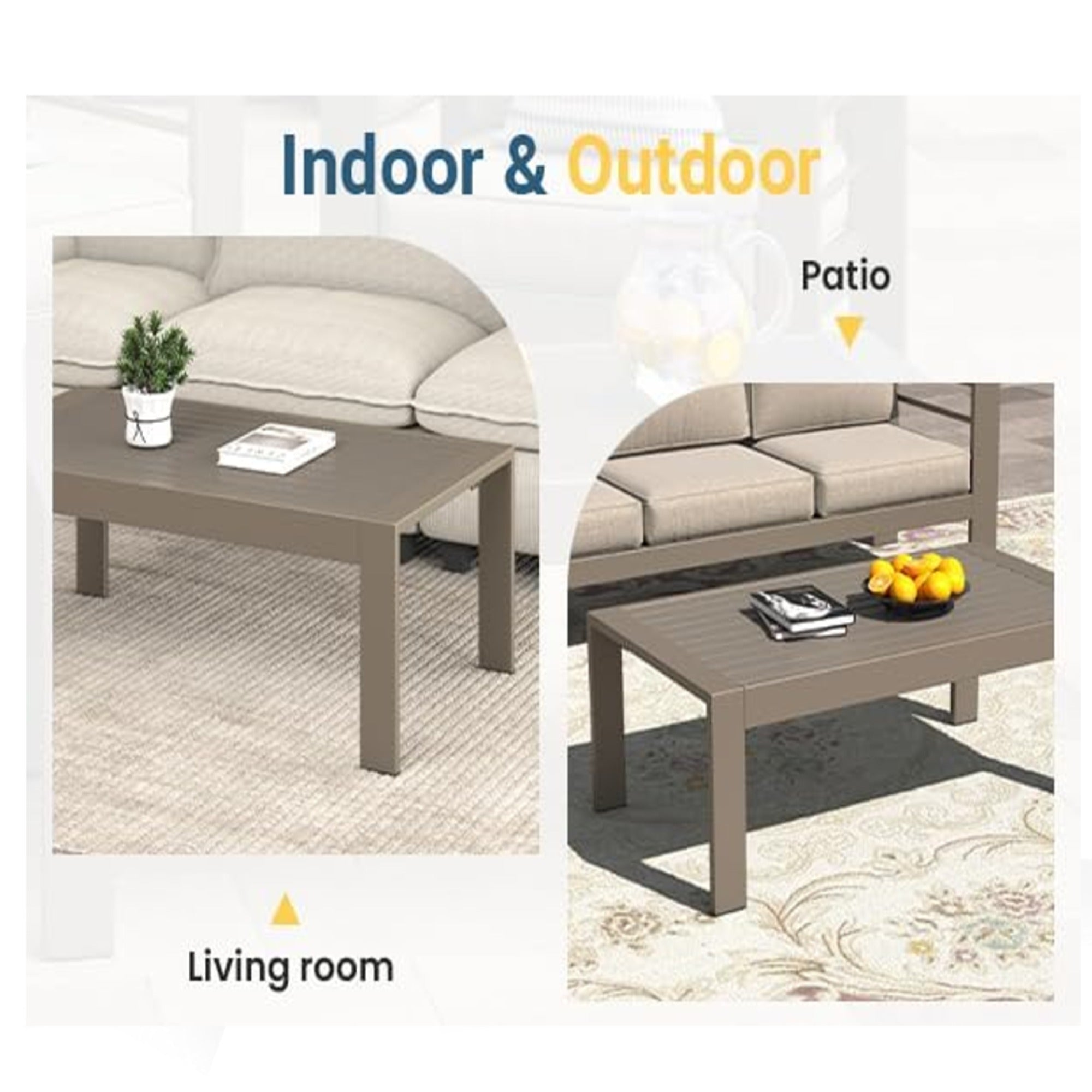 43" x 24" All-Weather Metal Outdoor Coffee Table with Wood-Look Top